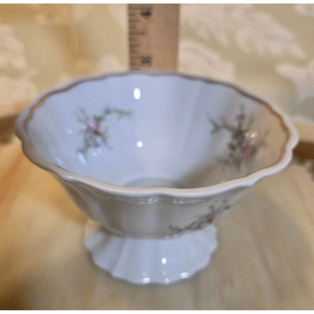 Haviland Limoges France Footed Bowl Pink Floral Gold Trim Scalloped Porcelain 3